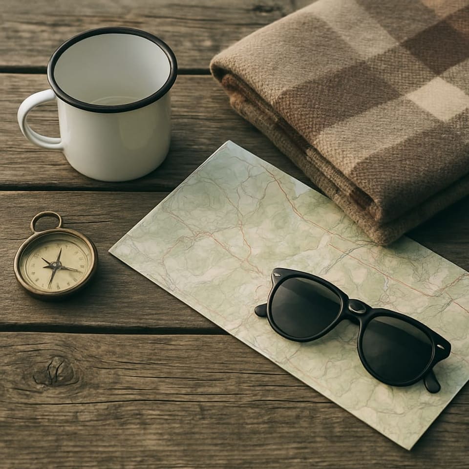 A camping mug, wool blanket, compass and trail map on a wooden table