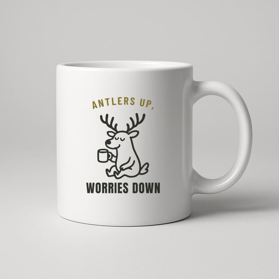 Antlers Up, Worries Down mug, White