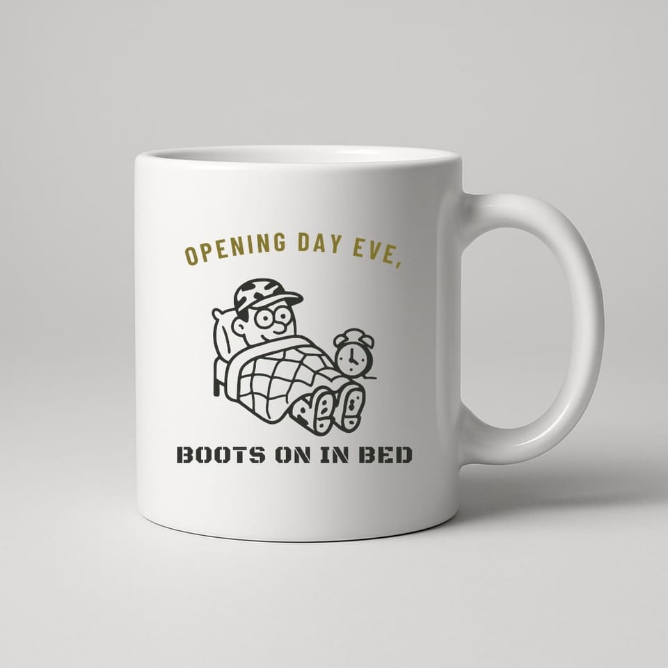Boots On in Bed mug, White