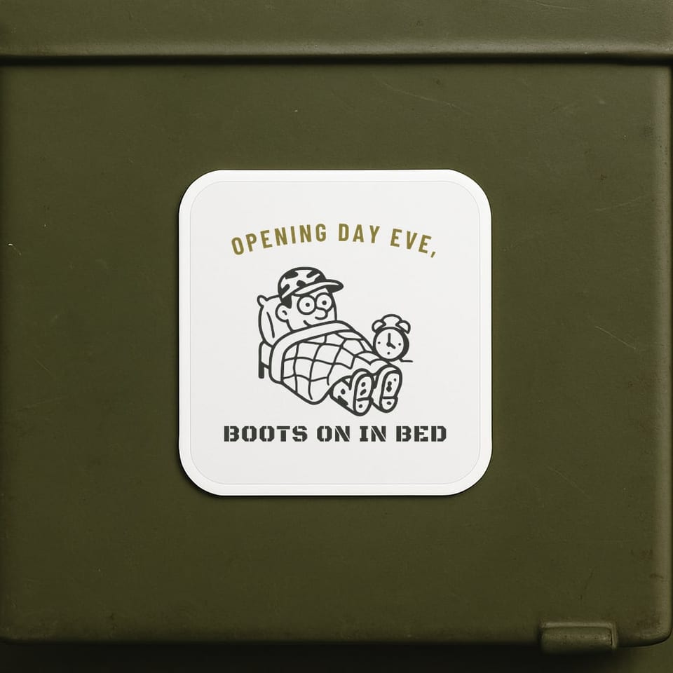 Boots On in Bed sticker, White