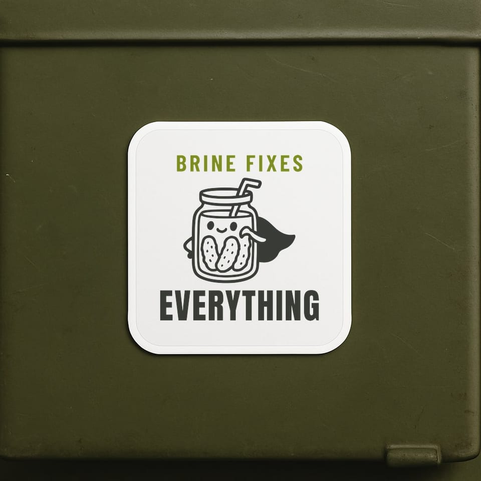 Brine Fixes Everything sticker, White