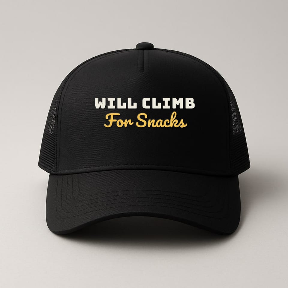 Will Climb for Snacks trucker hat, Black