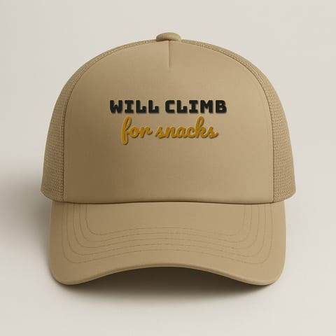 Will Climb for Snacks trucker hat, Khaki