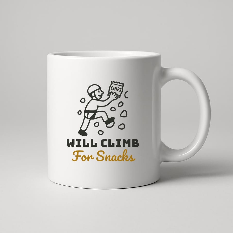Will Climb for Snacks mug, White