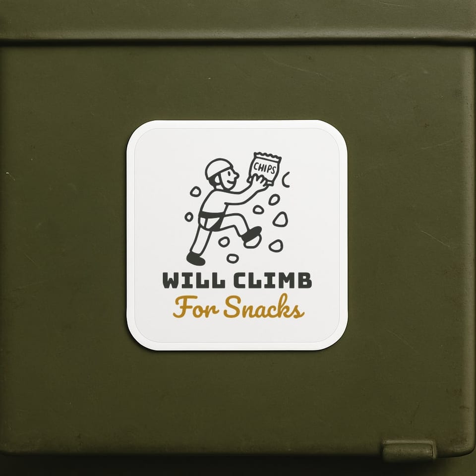 Will Climb for Snacks sticker, White