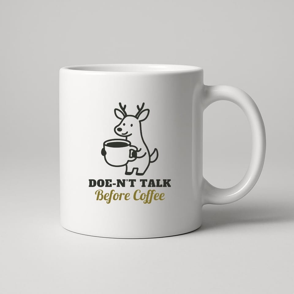 Doe-n’t Talk Before Coffee mug, White