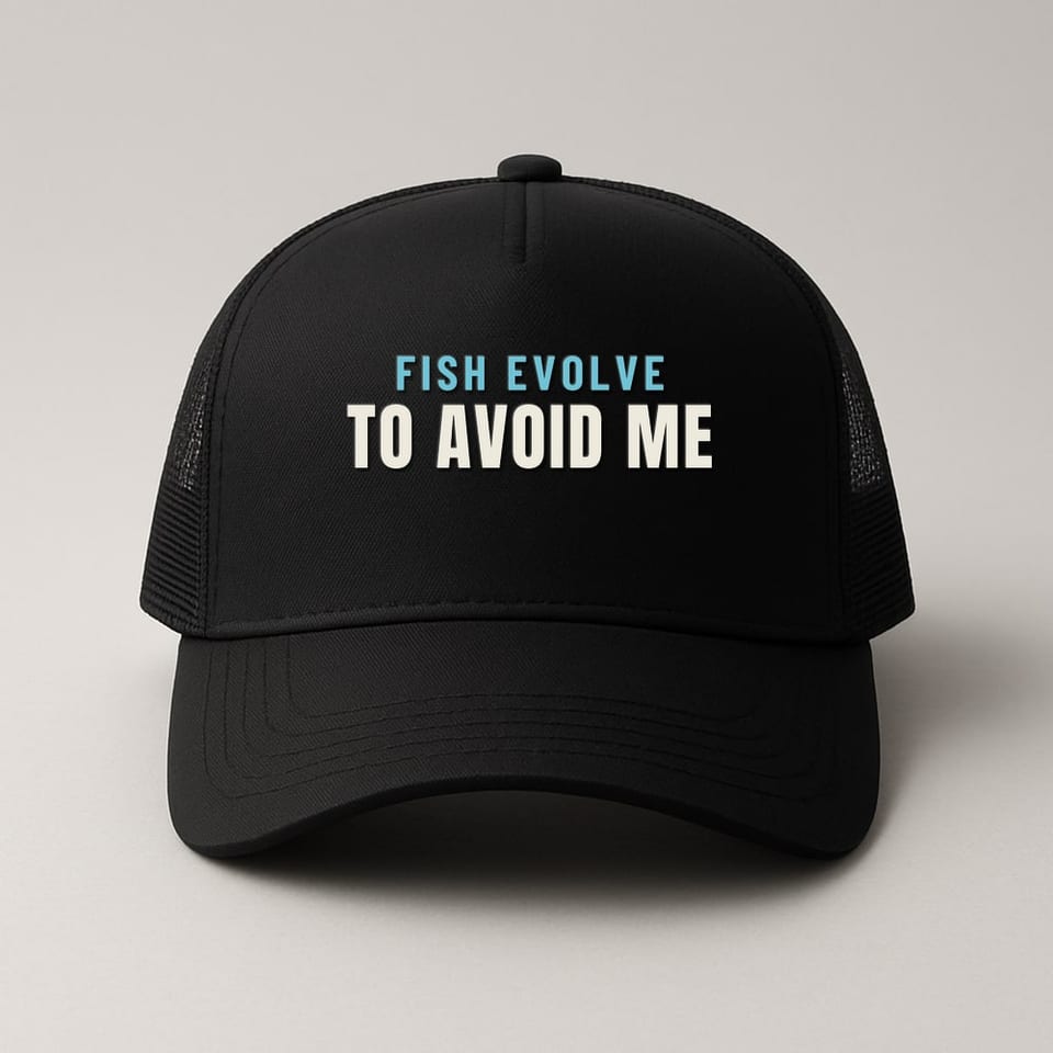 Fish Evolve to Avoid Me trucker hat, Black