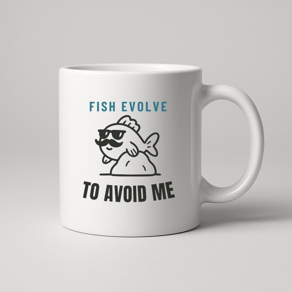 Fish Evolve to Avoid Me mug, White