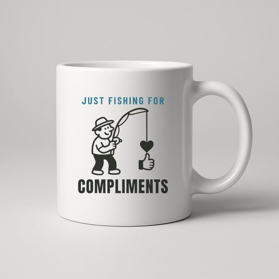 Just Fishing for Compliments mug, White
