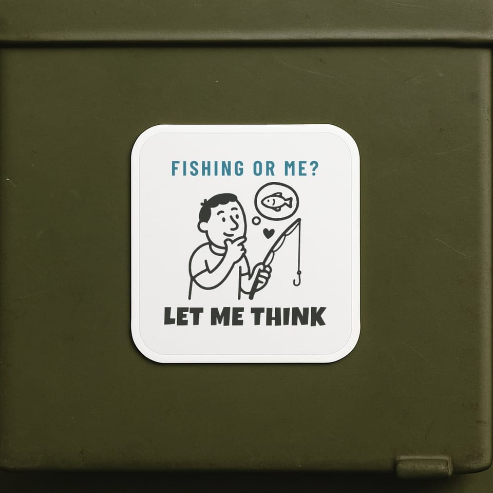 Fishing or Me? Let Me Think sticker, White