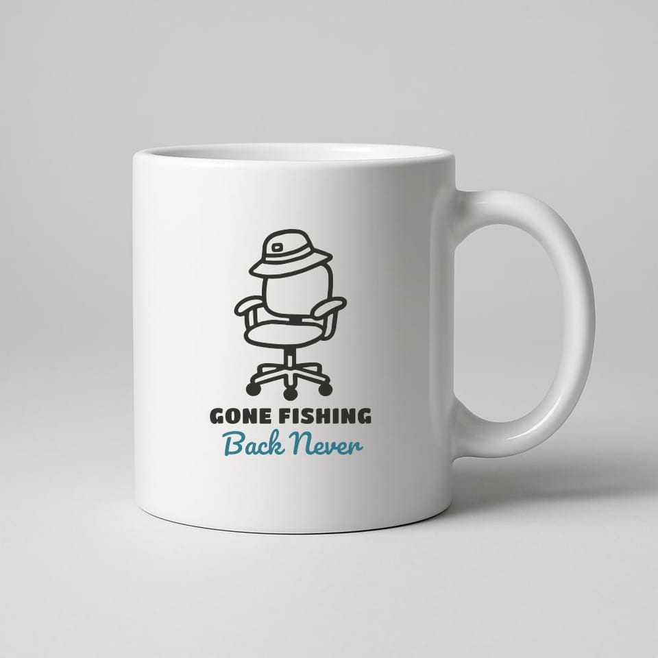Gone Fishing (Back Never) mug, White
