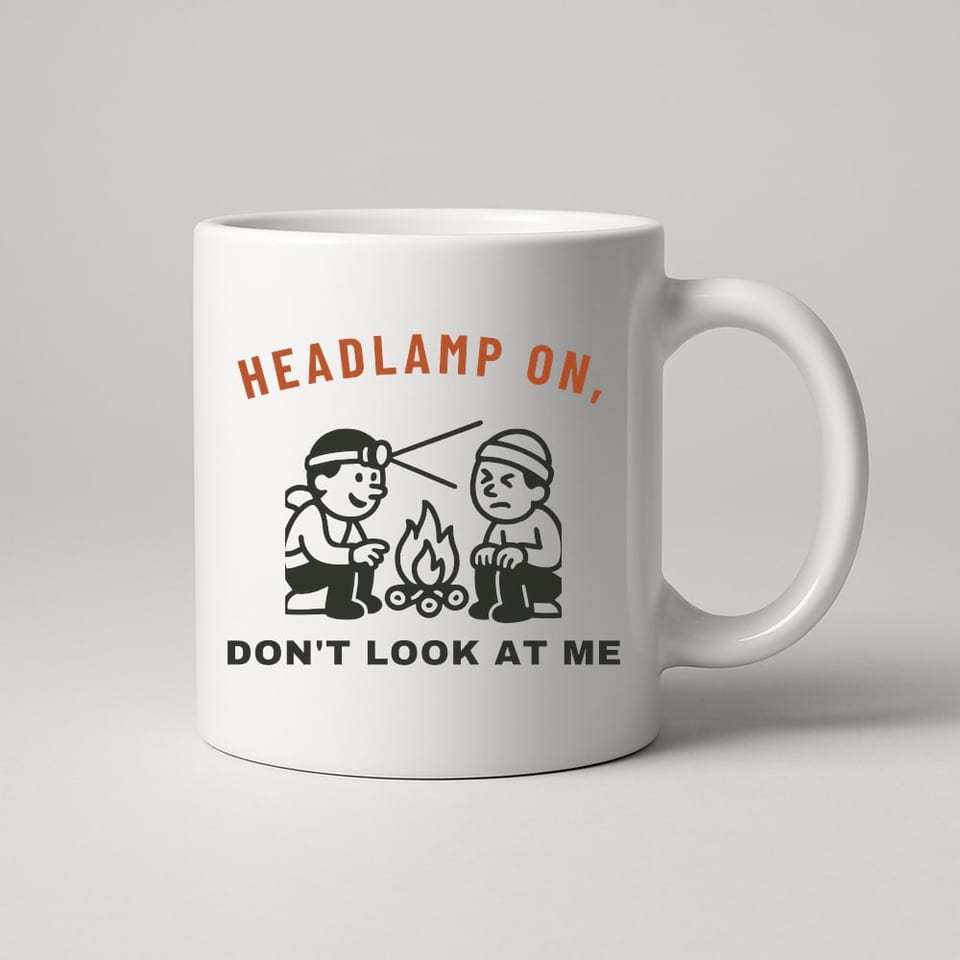 Headlamp On, Don't Look at Me mug, White