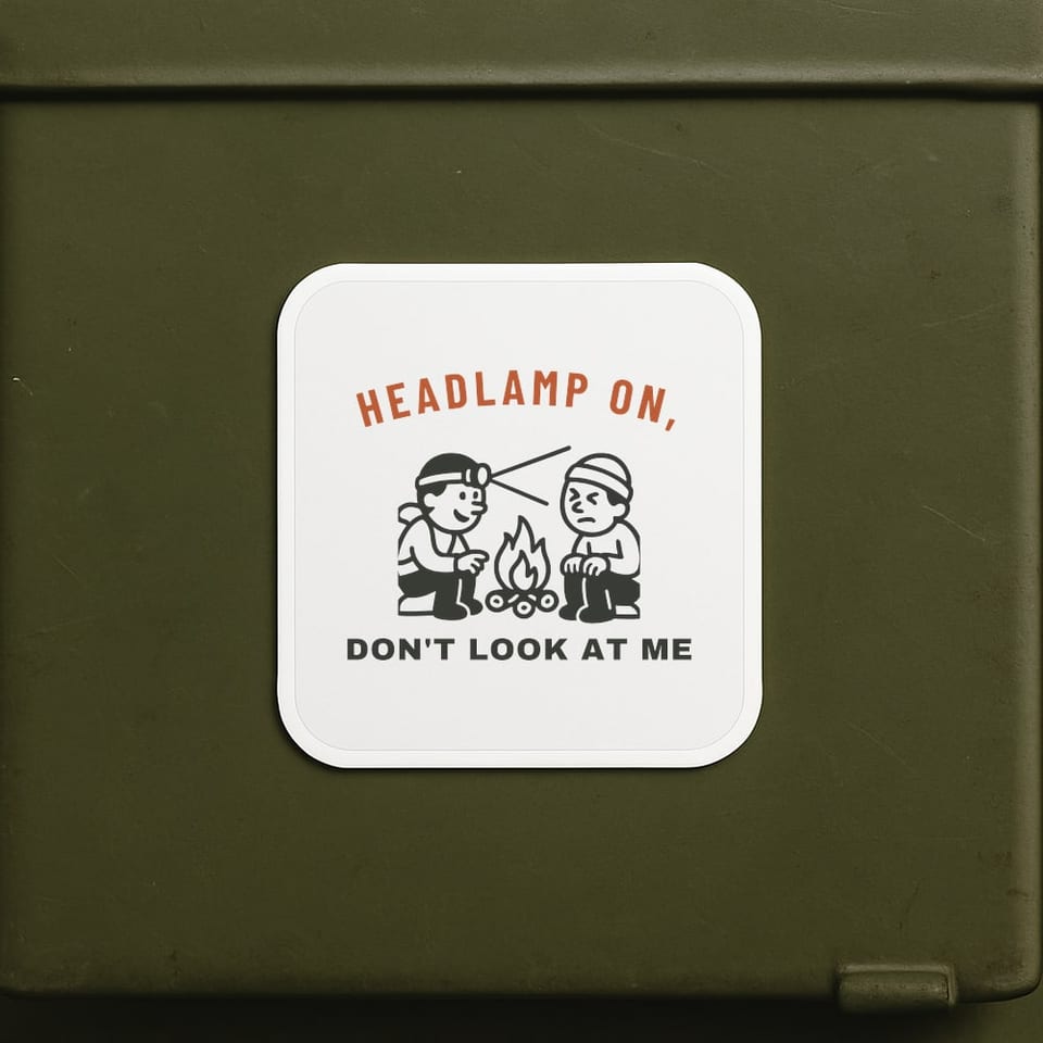Headlamp On, Don't Look at Me sticker, White