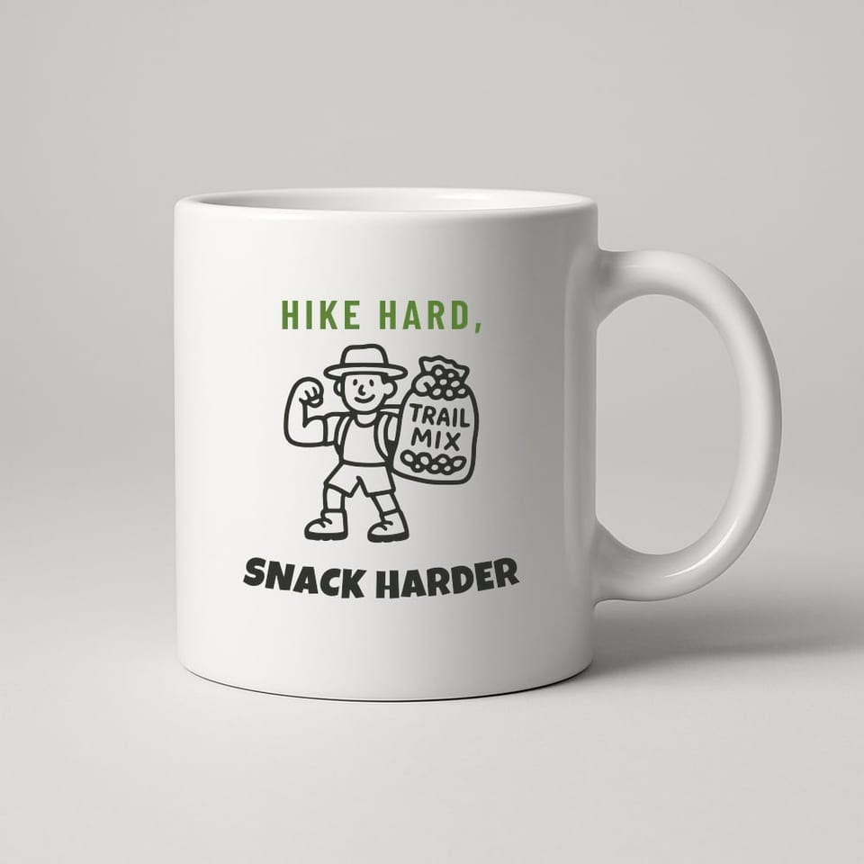 Hike Hard, Snack Harder mug, White