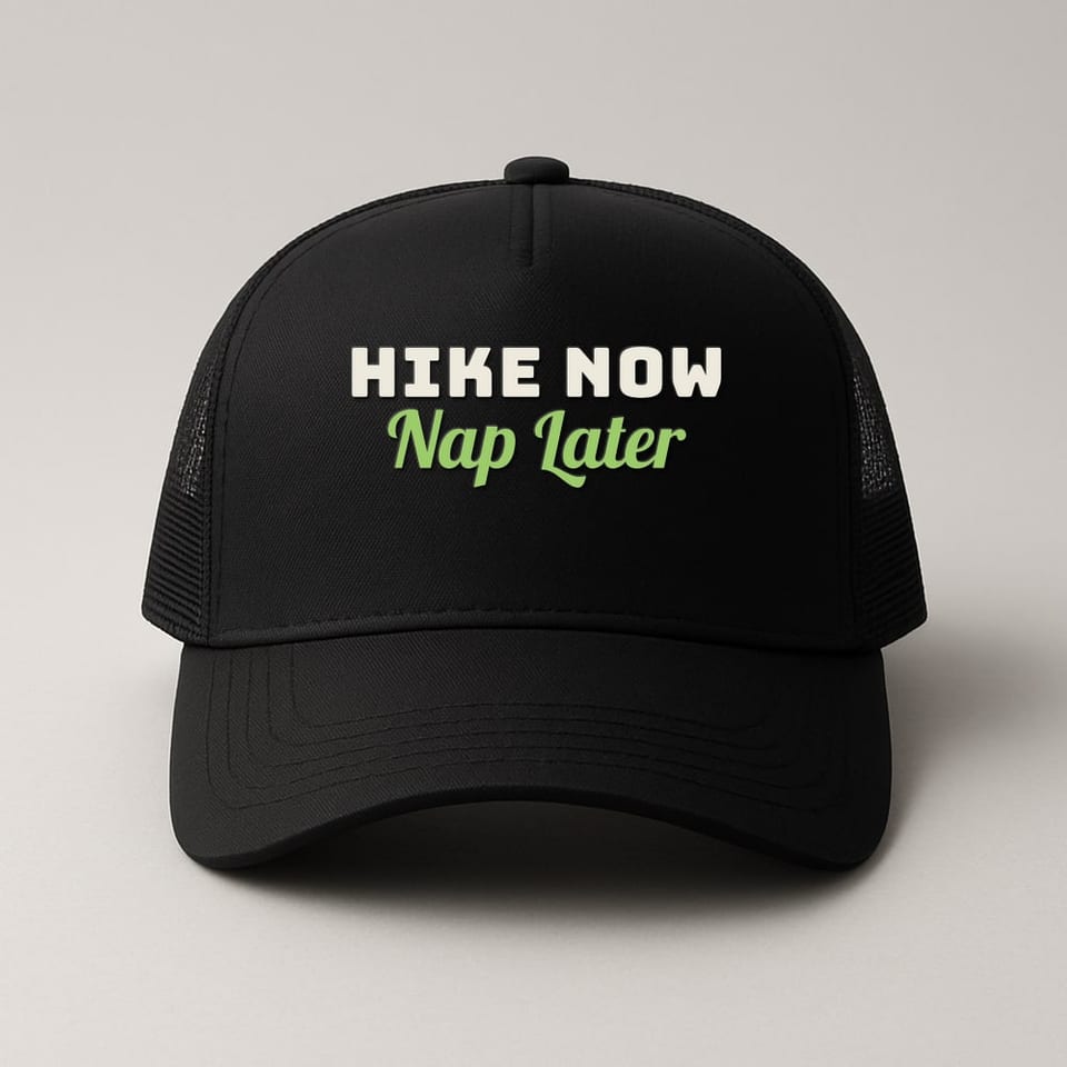 Hike Now, Nap Later trucker hat, Black