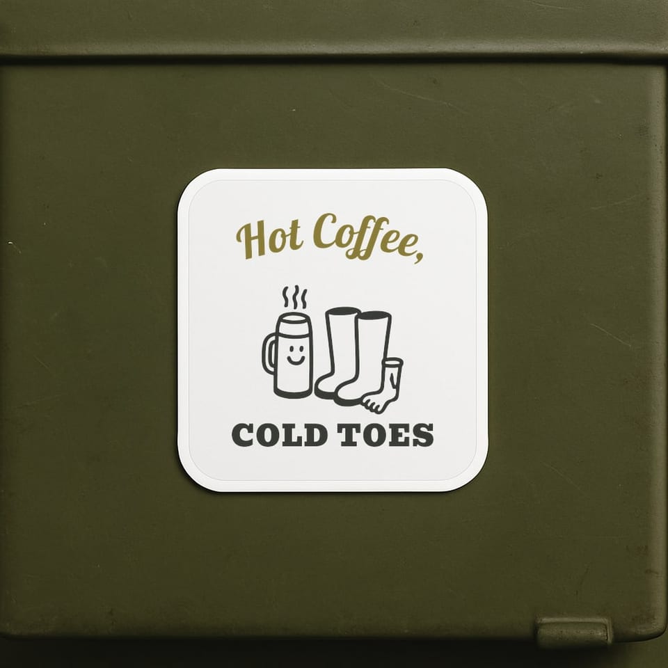 Hot Coffee, Cold Toes sticker, White