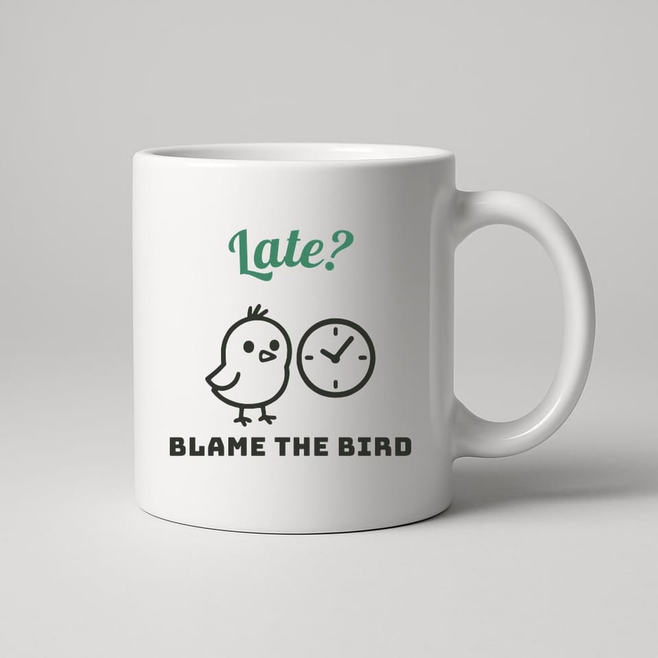 Late? Blame the Bird mug, White