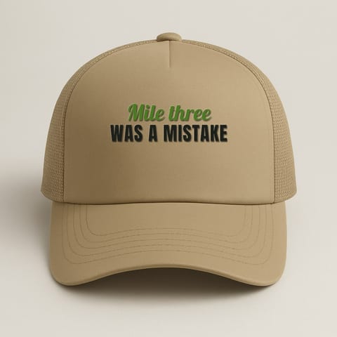 Mile Three Was a Mistake trucker hat, Khaki