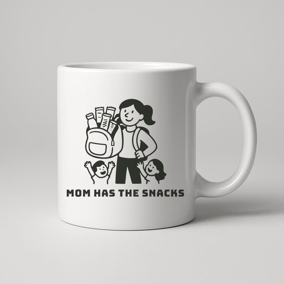 Mom Has the Snacks mug, White