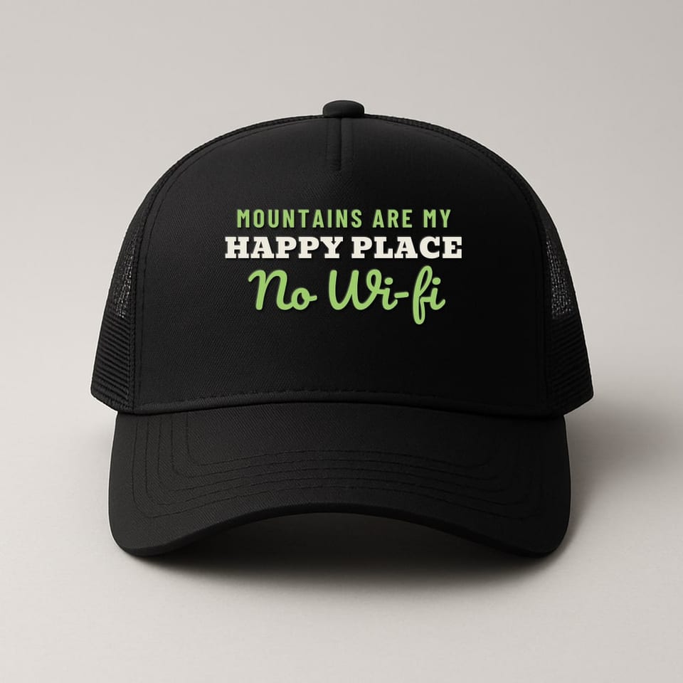 Mountains Are My Happy Place (No Wi-Fi) trucker hat, Black