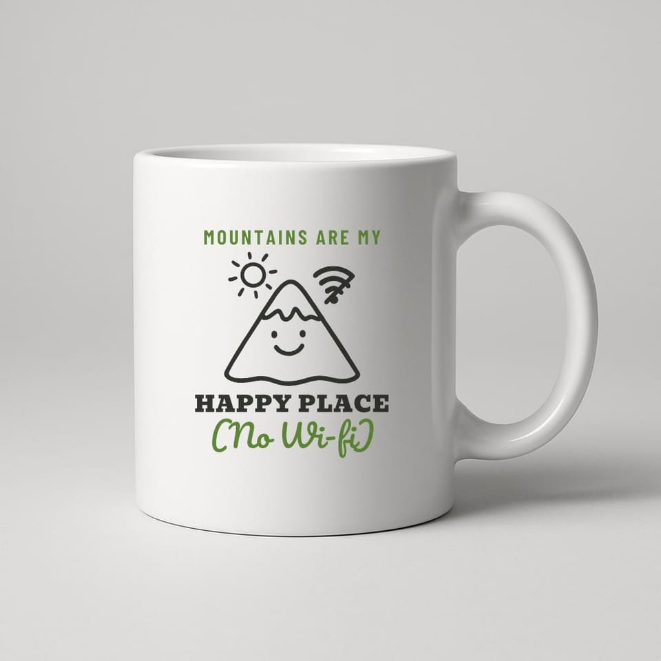 Mountains Are My Happy Place (No Wi-Fi) mug, White