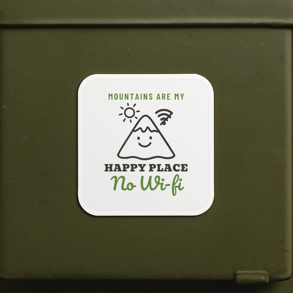 Mountains Are My Happy Place (No Wi-Fi) sticker, White