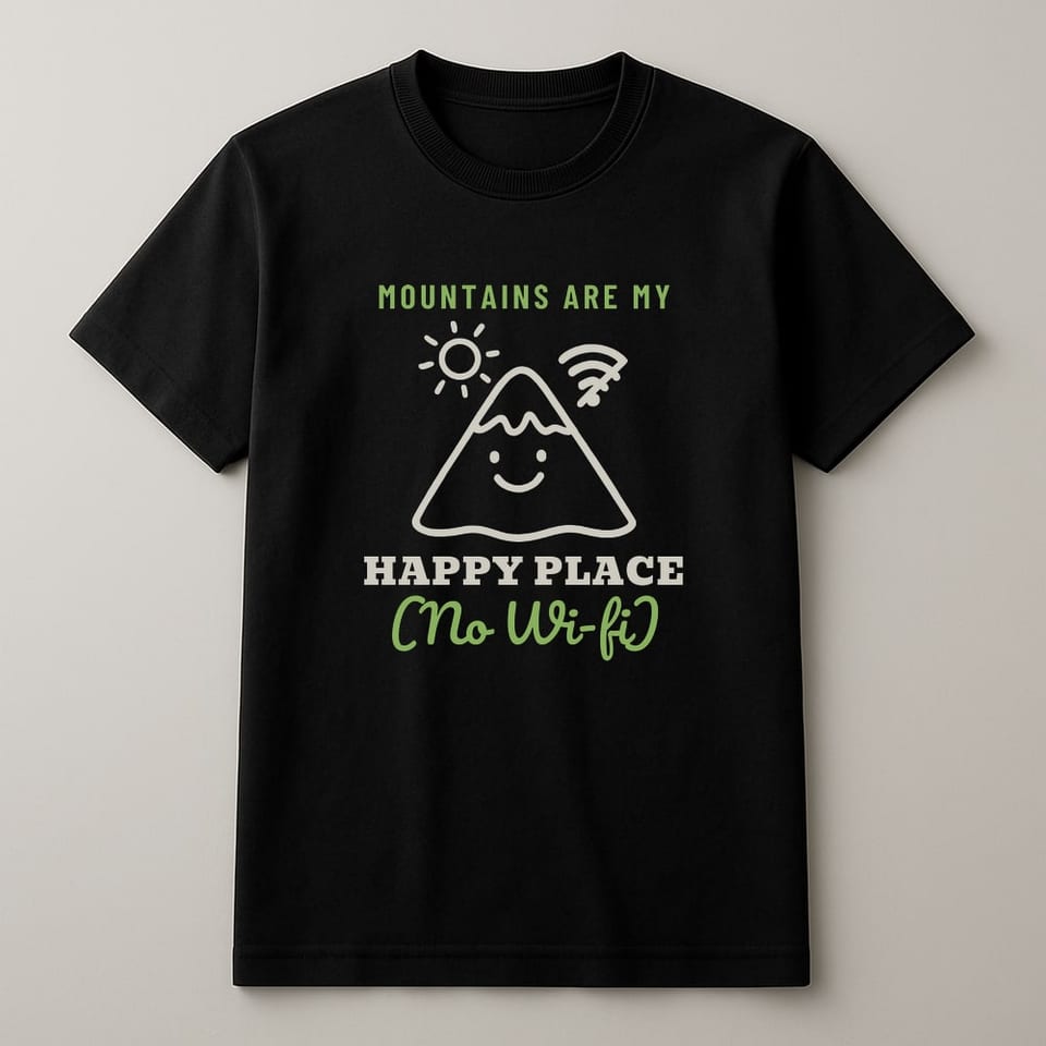 Mountains Are My Happy Place (No Wi-Fi) tee, Black