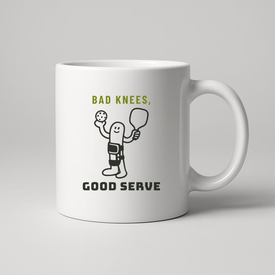 Bad Knees, Good Serve mug, White