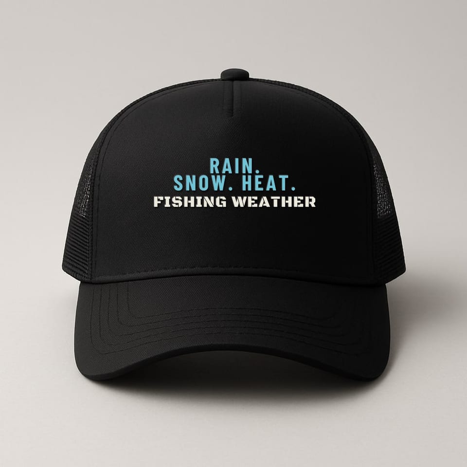 Rain, Snow, Heat: Fishing Weather trucker hat, Black