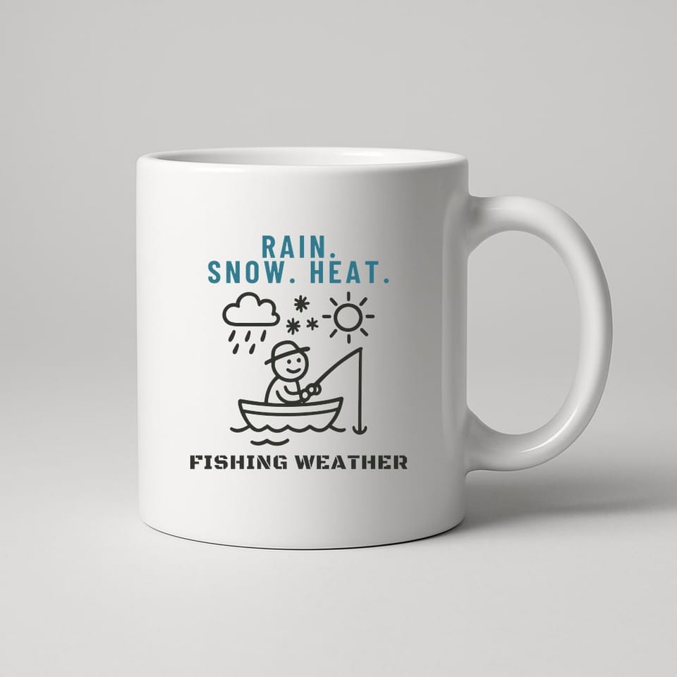 Rain, Snow, Heat: Fishing Weather mug, White