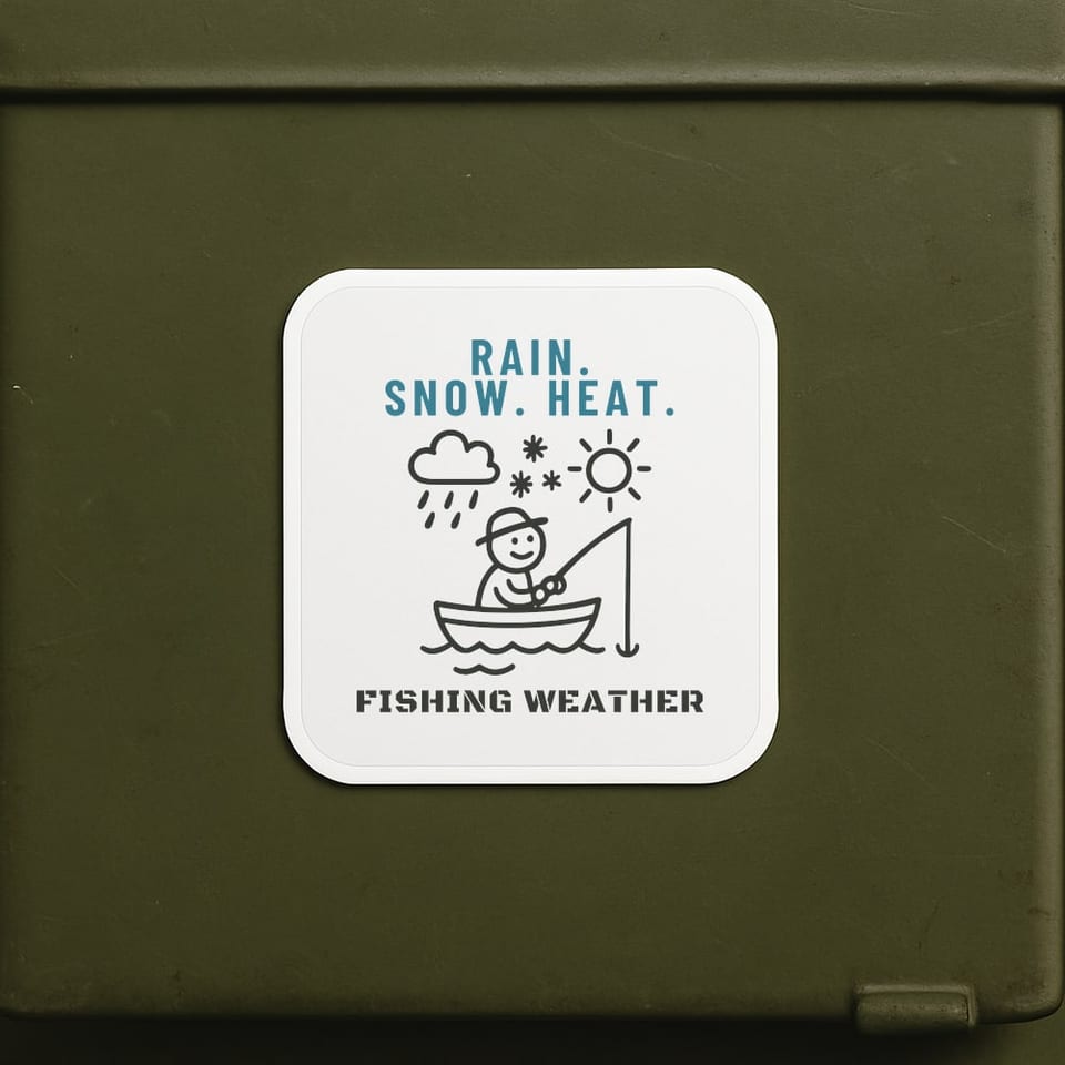 Rain, Snow, Heat: Fishing Weather sticker, White