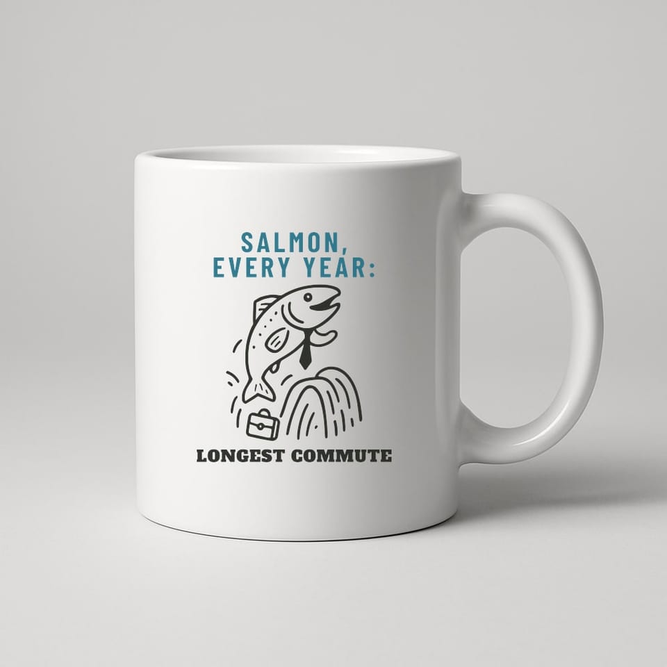 Salmon: Longest Commute mug, White