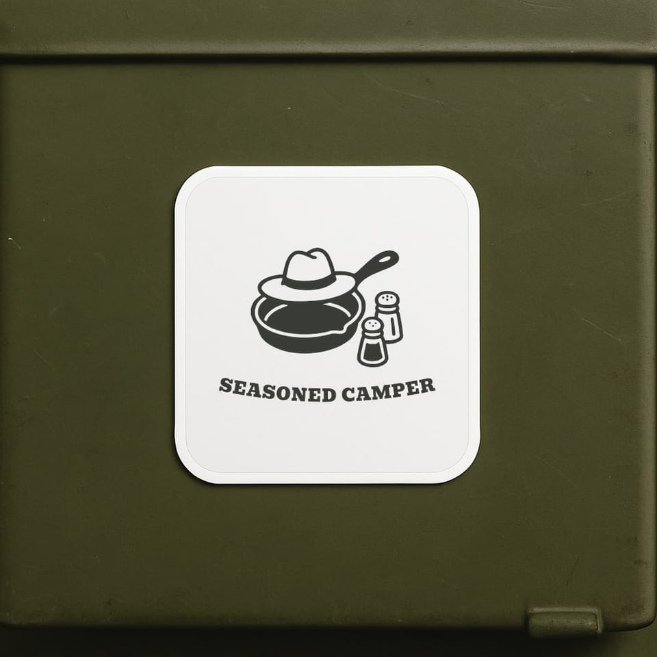 Seasoned Camper sticker, White