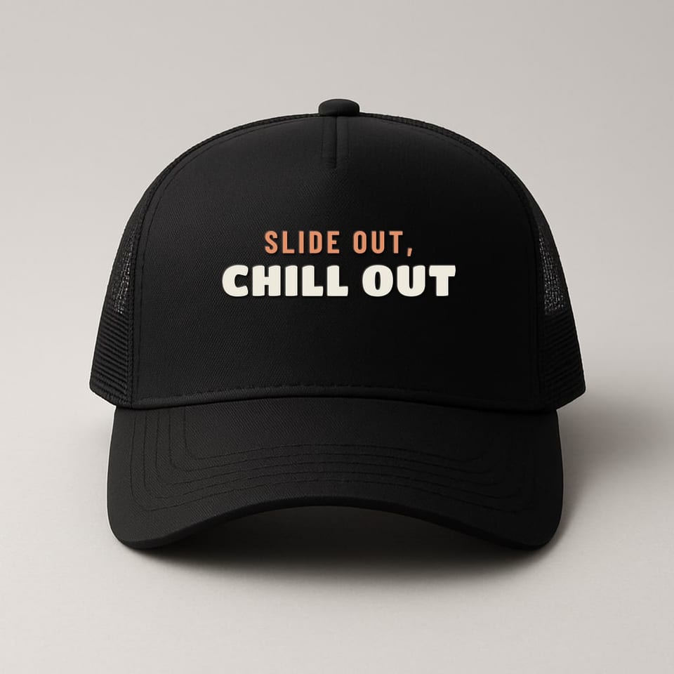 Slide Out, Chill Out trucker hat, Black