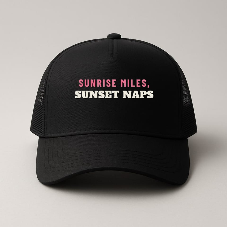 Sunrise Miles, Sunset Naps trucker hat, Black