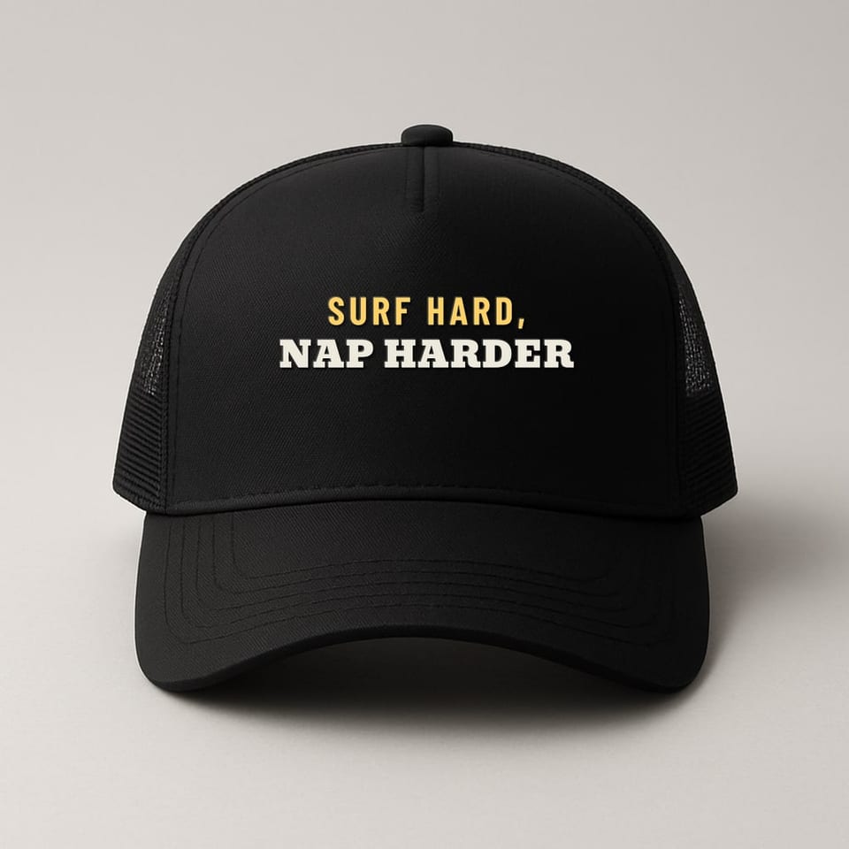 Surf Hard, Nap Harder trucker hat, Black
