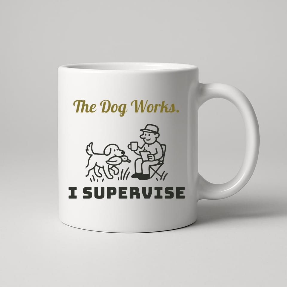 The Dog Works, I Supervise mug, White