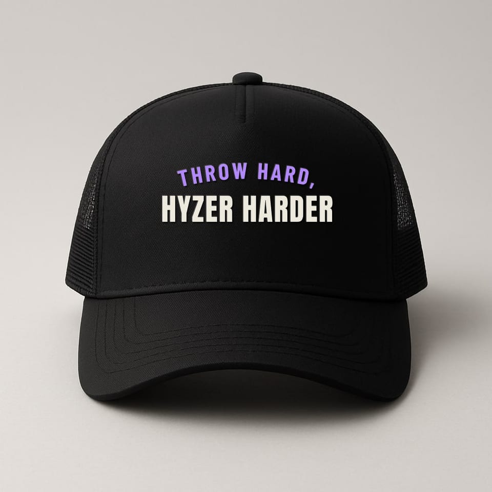 Throw Hard, Hyzer Harder trucker hat, Black