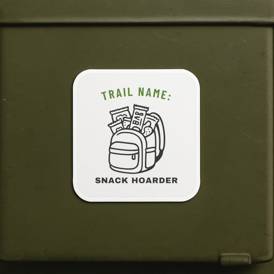 Trail Name: Snack Hoarder sticker, White