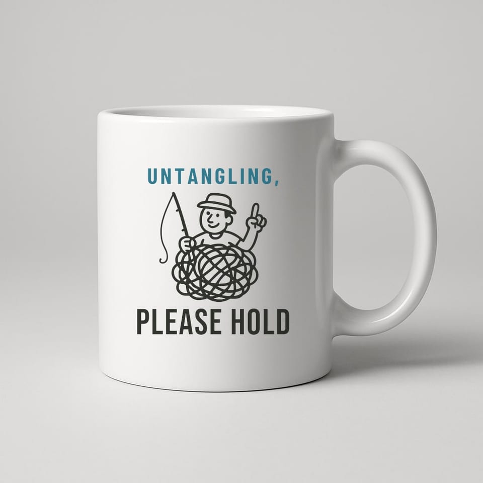 Untangling, Please Hold mug, White