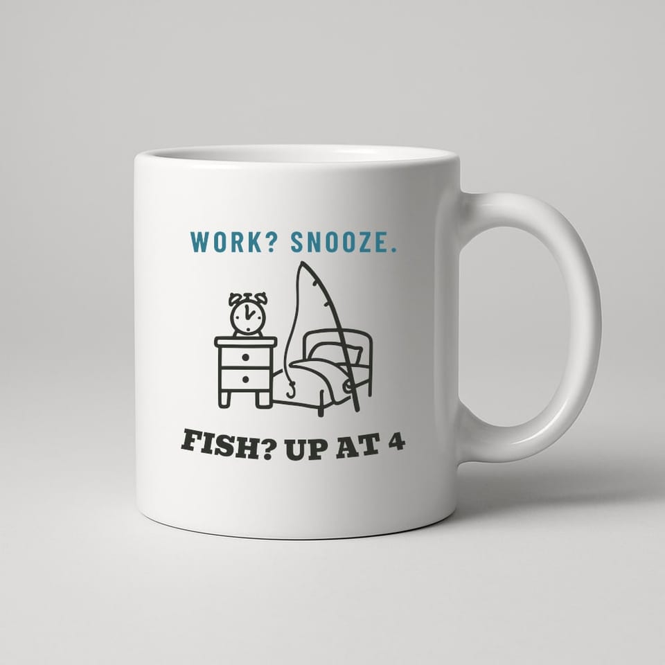 Work? Snooze. Fish? Up at 4 mug, White