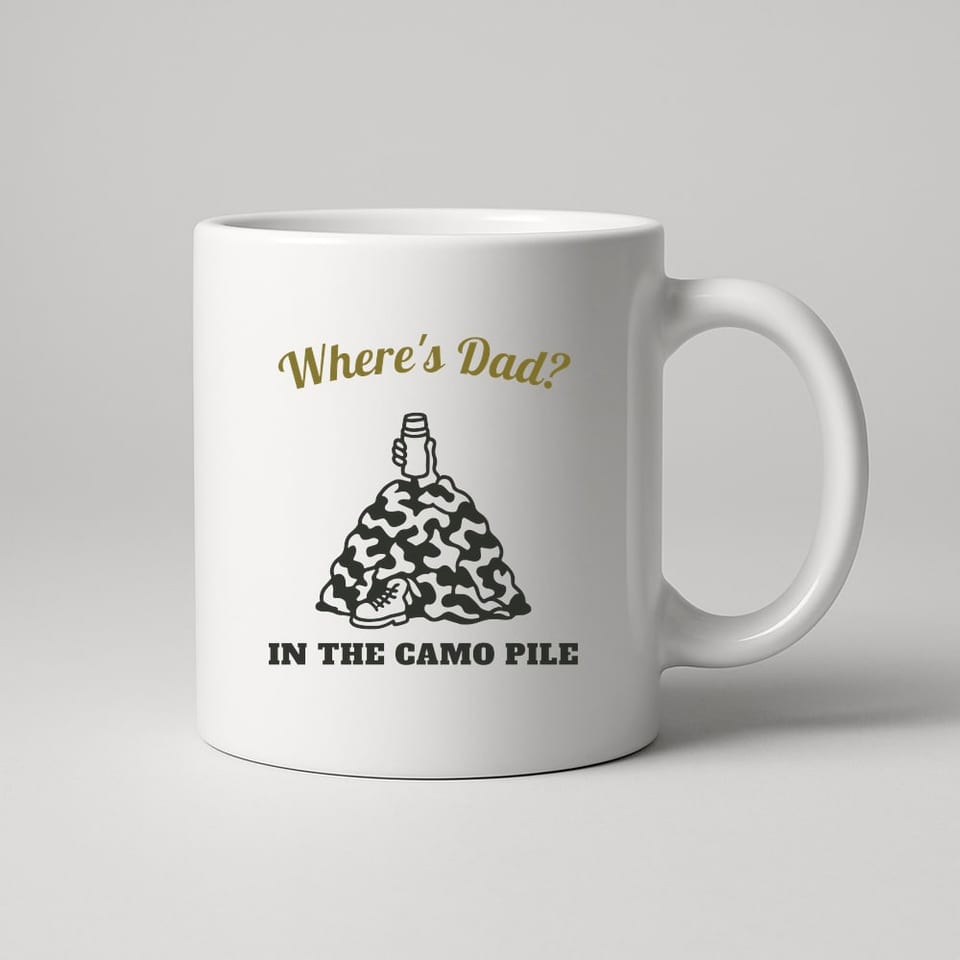 Where's Dad? In the Camo Pile mug, White