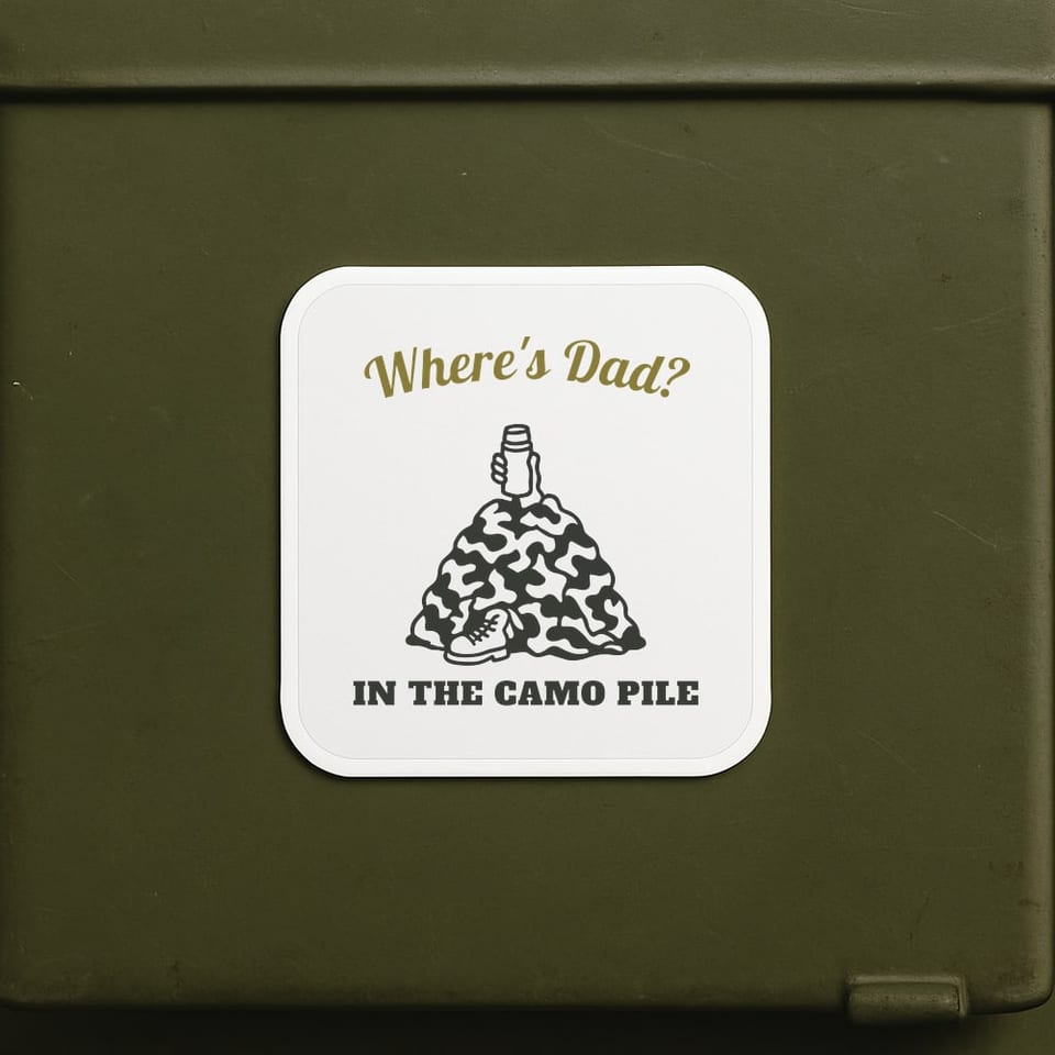 Where's Dad? In the Camo Pile sticker, White