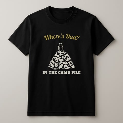 Where's Dad? In the Camo Pile tee, Black