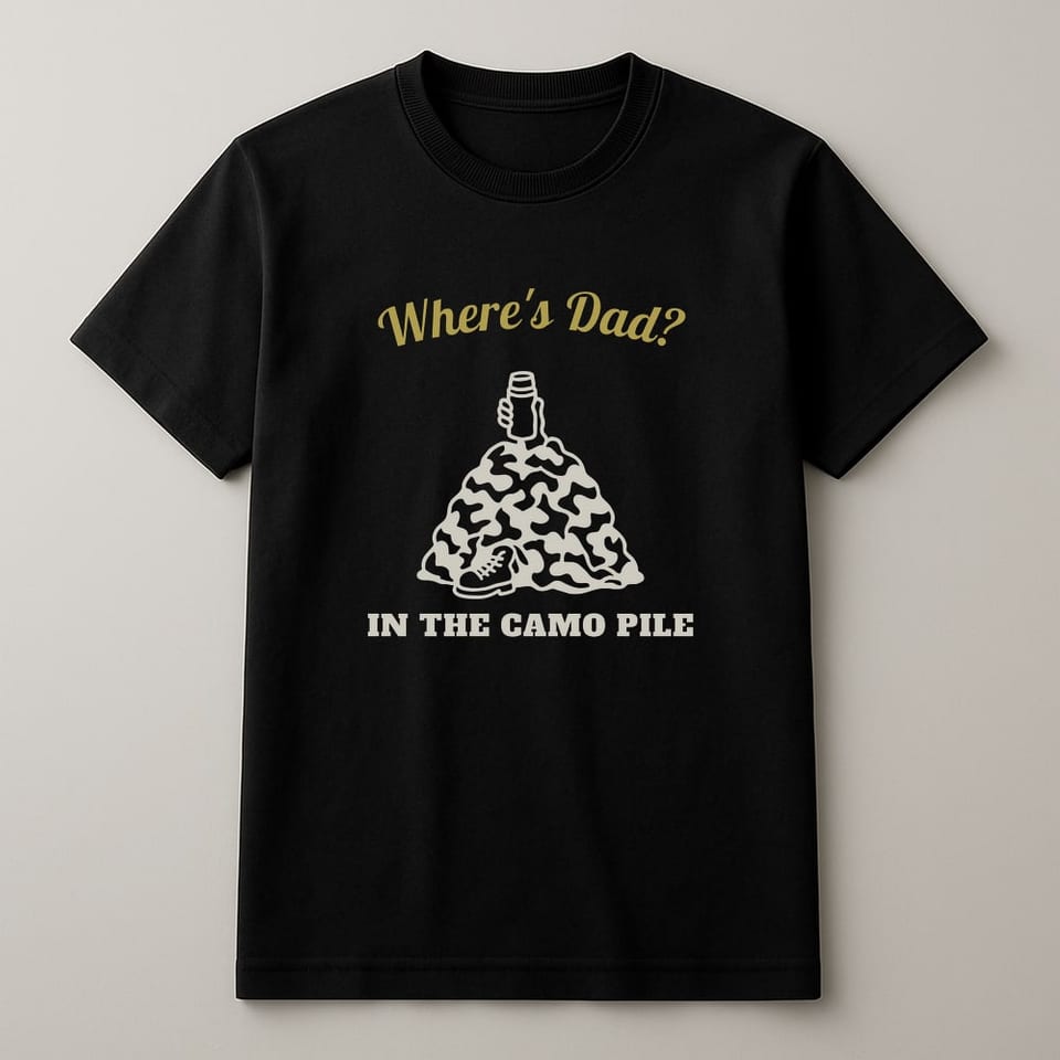 Where's Dad? In the Camo Pile tee, Black