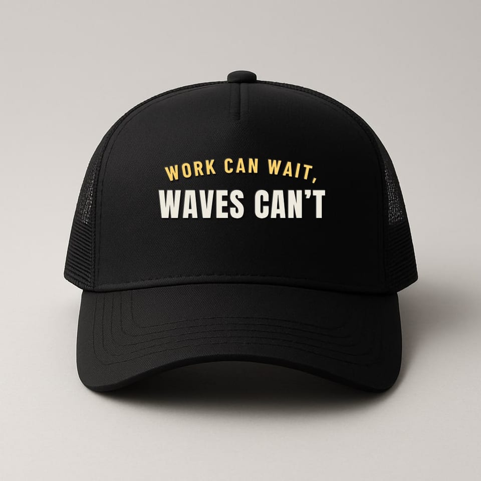 Work Can Wait, Waves Can’t trucker hat, Black