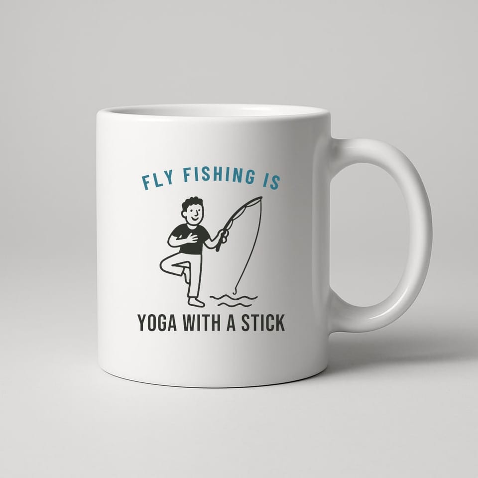 Fly Fishing Is Yoga With a Stick mug, White