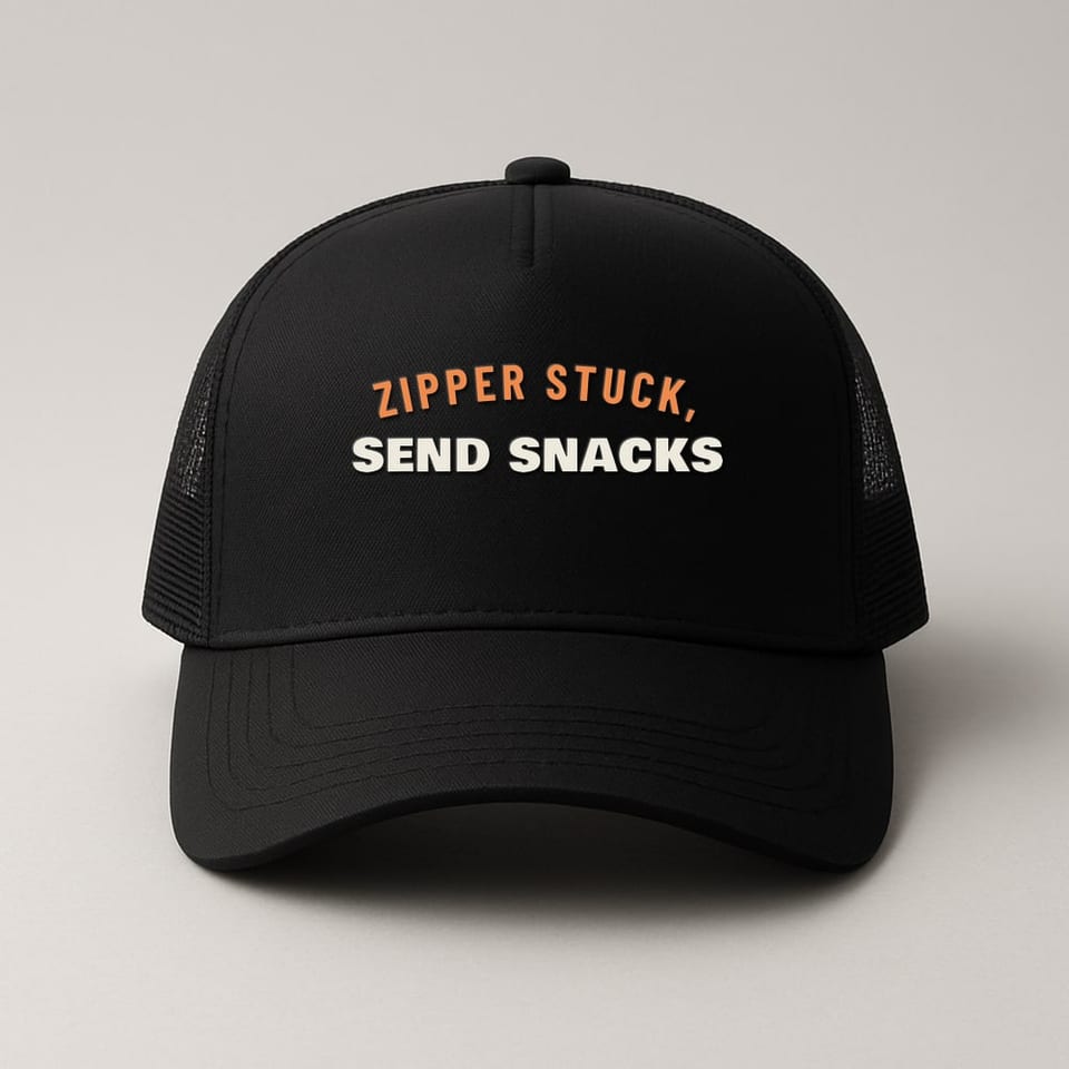 Zipper Stuck, Send Snacks trucker hat, Black